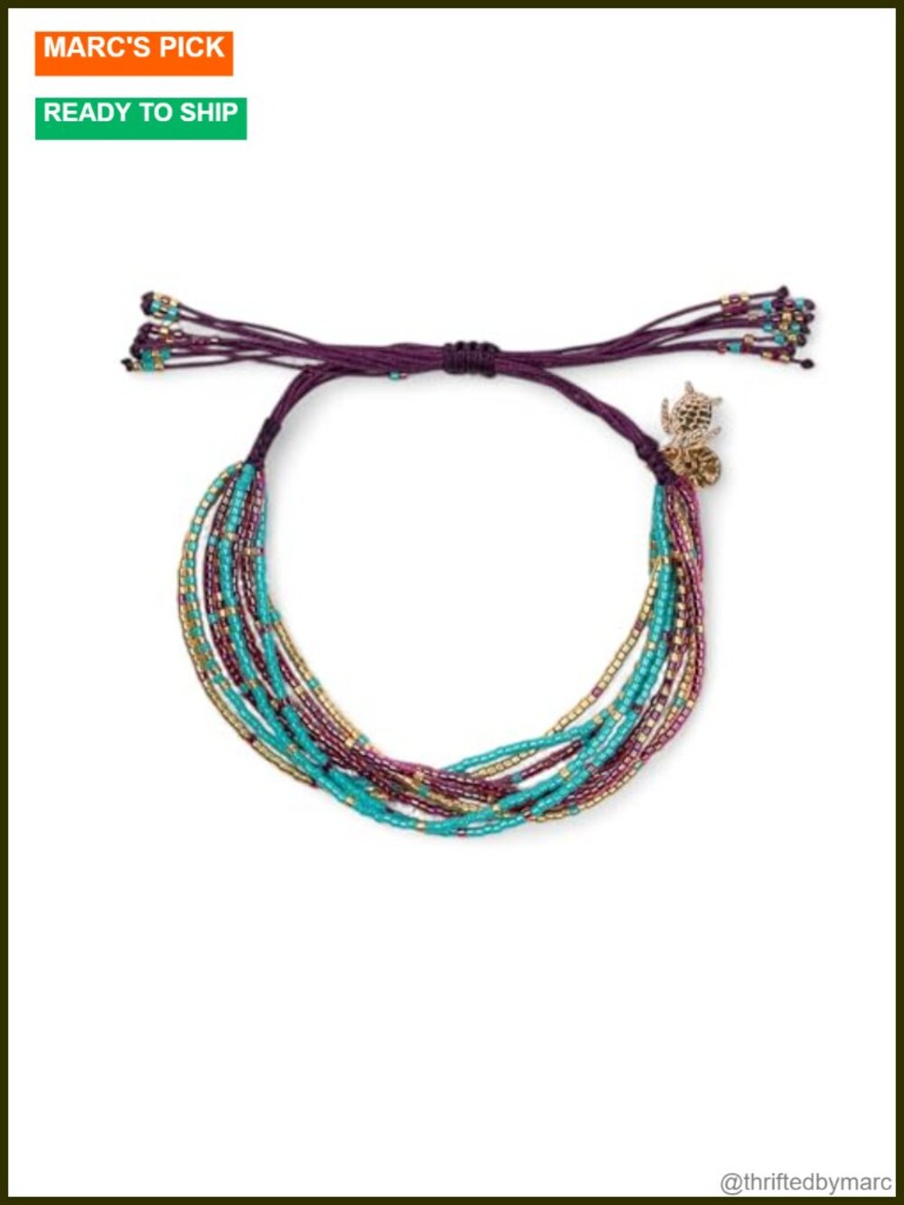 9-Strand Miyuki Glass Bead Bracelet with Turtle Charms, Adjustable